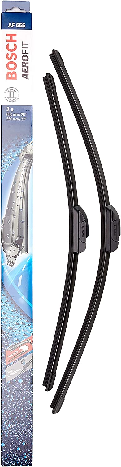 Die Packung und die Wischerblätter des Scheibenwischer-Sets Bosch AF 655 für den Ford Transit 5. Gen im Detail - einmal das 65cm Wischerblatt und einmal das 55cm Wischerblatt Die Packung und die Wischerblätter des Scheibenwischer-Sets Bosch AF 655 für den FORD Transit 5. Gen im Detail - einmal das 65cm Wischerblatt und einmal das 55cm Wischerblatt