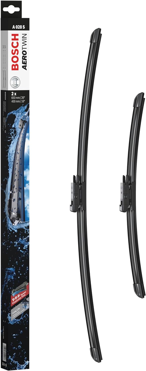 Die Packung und die Wischerblätter des Scheibenwischer-Sets Bosch A 028 S für den Opel Corsa 4. Gen im Detail - einmal das 65cm Wischerblatt und einmal das 40cm Wischerblatt Die Packung und die Wischerblätter des Scheibenwischer-Sets Bosch A 028 S für den OPEL Corsa 4. Gen im Detail - einmal das 65cm Wischerblatt und einmal das 40cm Wischerblatt