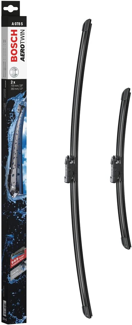 Die Packung und die Wischerblätter des Scheibenwischer-Sets Bosch A 078 S für den FORD Transit Courier 2. Gen im Detail - einmal das 70cm Wischerblatt und einmal das 38cm Wischerblatt