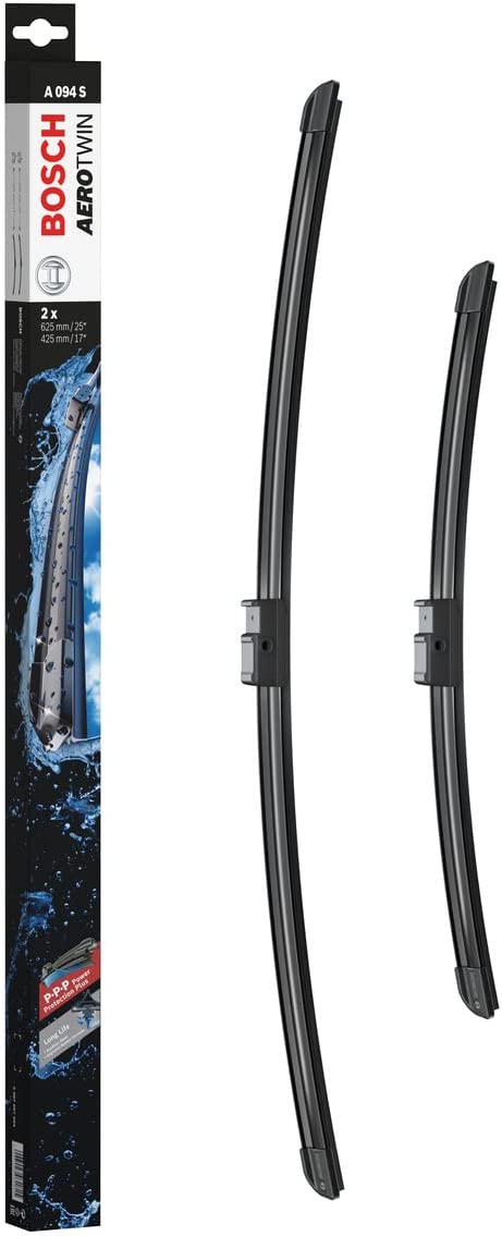 Die Packung und die Wischerblätter des Scheibenwischer-Sets Bosch A 094 S für den Fiat Croma 2. Gen im Detail - einmal das 62,5cm Wischerblatt und einmal das 42,5cm Wischerblatt Die Packung und die Wischerblätter des Scheibenwischer-Sets Bosch A 094 S für den FIAT Croma 2. Gen im Detail - einmal das 62,5cm Wischerblatt und einmal das 42,5cm Wischerblatt