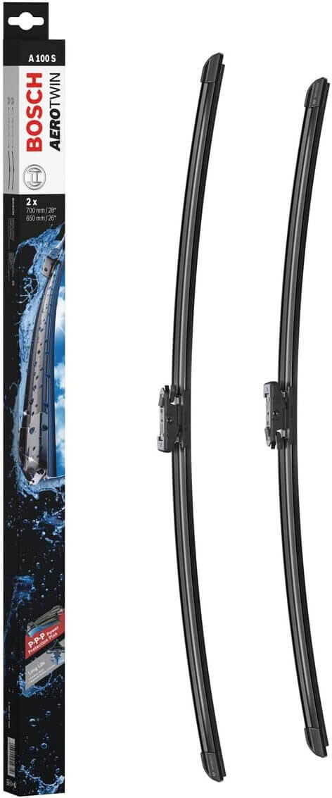 Die Packung und die Wischerblätter des Scheibenwischer-Sets Bosch A 100 S für den Peugeot 307 im Detail - einmal das 70cm Wischerblatt und einmal das 65cm Wischerblatt Die Packung und die Wischerblätter des Scheibenwischer-Sets Bosch A 100 S für den PEUGEOT 307 im Detail - einmal das 70cm Wischerblatt und einmal das 65cm Wischerblatt