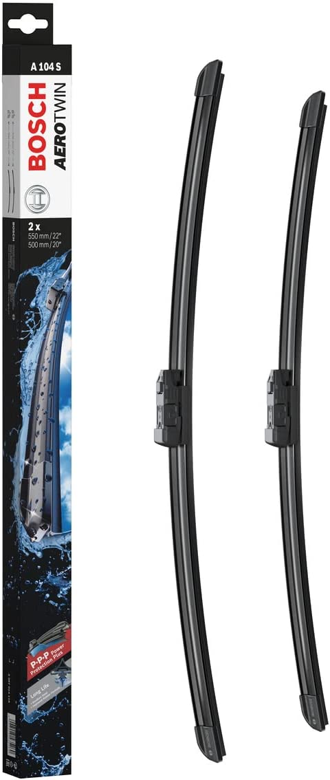 Die Packung und die Wischerblätter des Scheibenwischer-Sets Bosch A 104 S für den Jeep Renegade 1. Gen im Detail - einmal das 55cm Wischerblatt und einmal das 50cm Wischerblatt Die Packung und die Wischerblätter des Scheibenwischer-Sets Bosch A 104 S für den JEEP Renegade 1. Gen im Detail - einmal das 55cm Wischerblatt und einmal das 50cm Wischerblatt