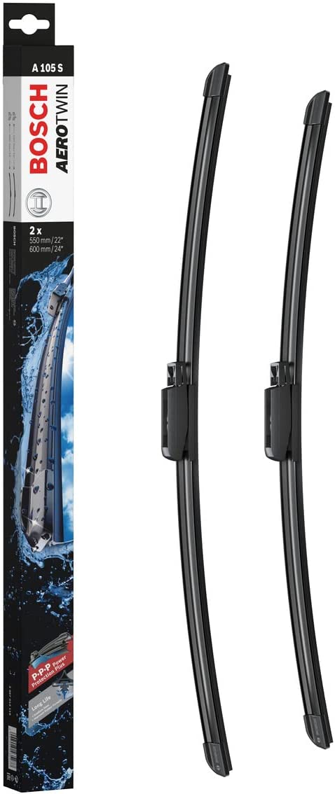 Die Packung und die Wischerblätter des Scheibenwischer-Sets Bosch A 105 S für den Audi R8 1. Gen im Detail - einmal das 55cm Wischerblatt und einmal das 60cm Wischerblatt Die Packung und die Wischerblätter des Scheibenwischer-Sets Bosch A 105 S für den AUDI R8 1. Gen im Detail - einmal das 55cm Wischerblatt und einmal das 60cm Wischerblatt