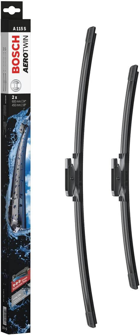 Die Packung und die Wischerblätter des Scheibenwischer-Sets Bosch A 115 S für den RENAULT Mégane Grandtour 4. Gen im Detail - einmal das 60cm Wischerblatt und einmal das 45cm Wischerblatt