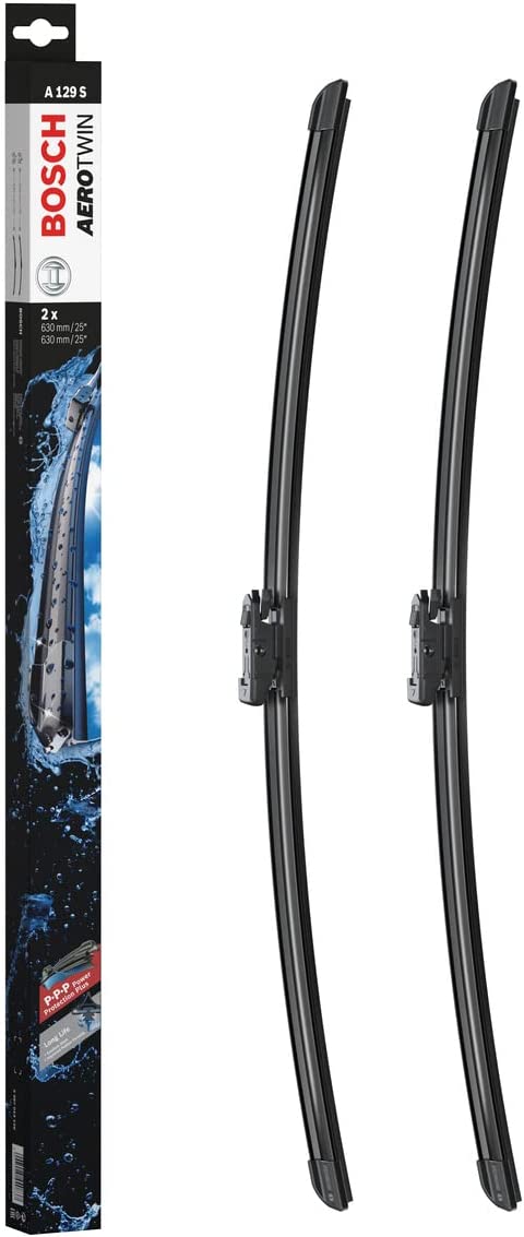 Die Packung und die Wischerblätter des Scheibenwischer-Sets Bosch A 129 S für den IVECO Daily im Detail - zweimal das 63cm Wischerblatt