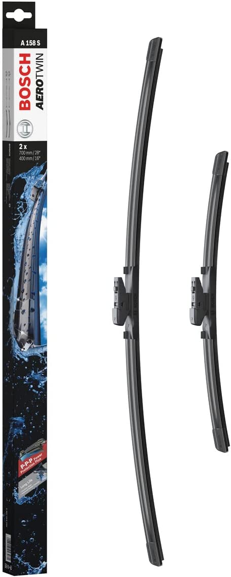 Die Packung und die Wischerblätter des Scheibenwischer-Sets Bosch A 158 S für den TOYOTA Prius im Detail - einmal das 70cm Wischerblatt und einmal das 40cm Wischerblatt