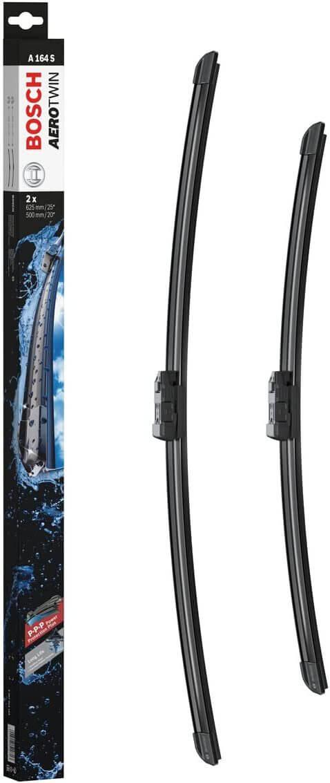 Die Packung und die Wischerblätter des Scheibenwischer-Sets Bosch A 164 S für den Audi Q3 2. Gen im Detail - einmal das 62,5cm Wischerblatt und einmal das 50cm Wischerblatt Die Packung und die Wischerblätter des Scheibenwischer-Sets Bosch A 164 S für den AUDI Q3 Sportback 2. Gen im Detail - einmal das 62,5cm Wischerblatt und einmal das 50cm Wischerblatt