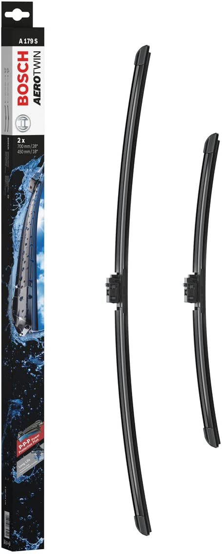 Die Packung und die Wischerblätter des Scheibenwischer-Sets Bosch A 179 S für den MERCEDES-BENZ Marco Polo im Detail - einmal das 70cm Wischerblatt und einmal das 45cm Wischerblatt