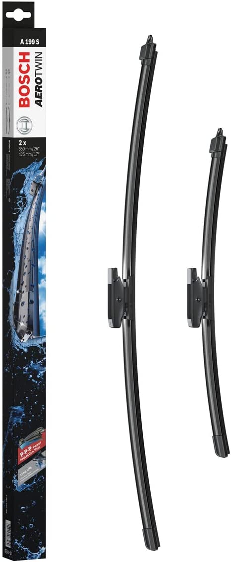 Die Packung und die Wischerblätter des Scheibenwischer-Sets Bosch A 199 S für den CITROEN C4 Cactus 1. Gen im Detail - einmal das 65cm Wischerblatt und einmal das 42,5cm Wischerblatt