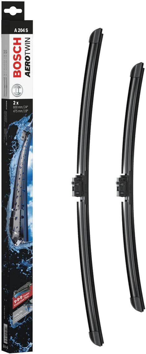 Die Packung und die Wischerblätter des Scheibenwischer-Sets Bosch A 204 S für den MERCEDES-BENZ A-Klasse im Detail - einmal das 60cm Wischerblatt und einmal das 47,5cm Wischerblatt