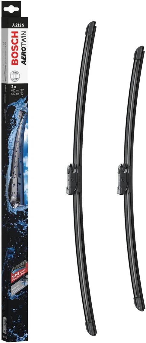 Die Packung und die Wischerblätter des Scheibenwischer-Sets Bosch A 212 S für den TOYOTA Tundra im Detail - einmal das 65cm Wischerblatt und einmal das 55cm Wischerblatt
