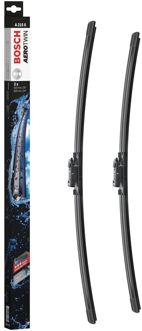 Die Packung und die Wischerblätter des Scheibenwischer-Sets Bosch A 215 S für den AUDI Q7 1. Gen im Detail - einmal das 65cm Wischerblatt und einmal das 60cm Wischerblatt
