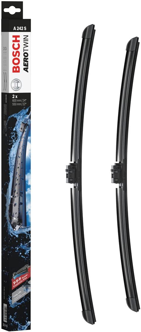 Die Packung und die Wischerblätter des Scheibenwischer-Sets Bosch A 242 S für den Mercedes-Benz GLB-Klasse im Detail - einmal das 60cm Wischerblatt und einmal das 55cm Wischerblatt Die Packung und die Wischerblätter des Scheibenwischer-Sets Bosch A 242 S für den MERCEDES-BENZ GLB-Klasse im Detail - einmal das 60cm Wischerblatt und einmal das 55cm Wischerblatt