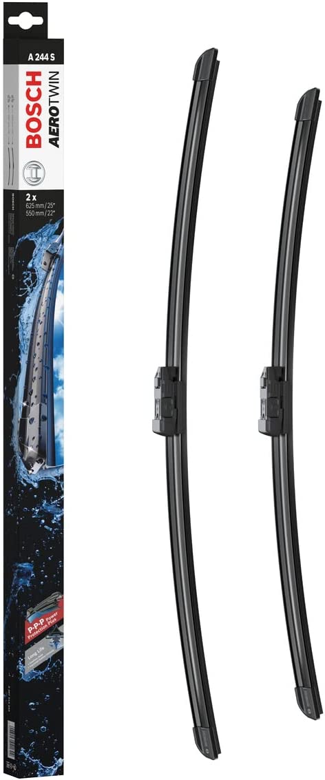 Die Packung und die Wischerblätter des Scheibenwischer-Sets Bosch A 244 S für den PORSCHE Cayenne Coupé im Detail - einmal das 62,5cm Wischerblatt und einmal das 55cm Wischerblatt