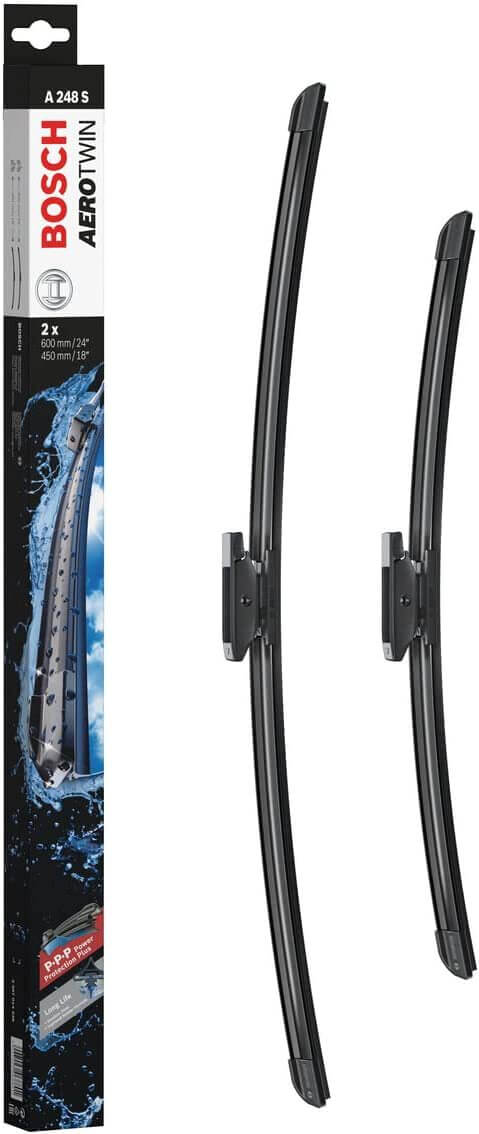Die Packung und die Wischerblätter des Scheibenwischer-Sets Bosch A 248 S für den RENAULT Talisman Grandtour im Detail - einmal das 60cm Wischerblatt und einmal das 45cm Wischerblatt