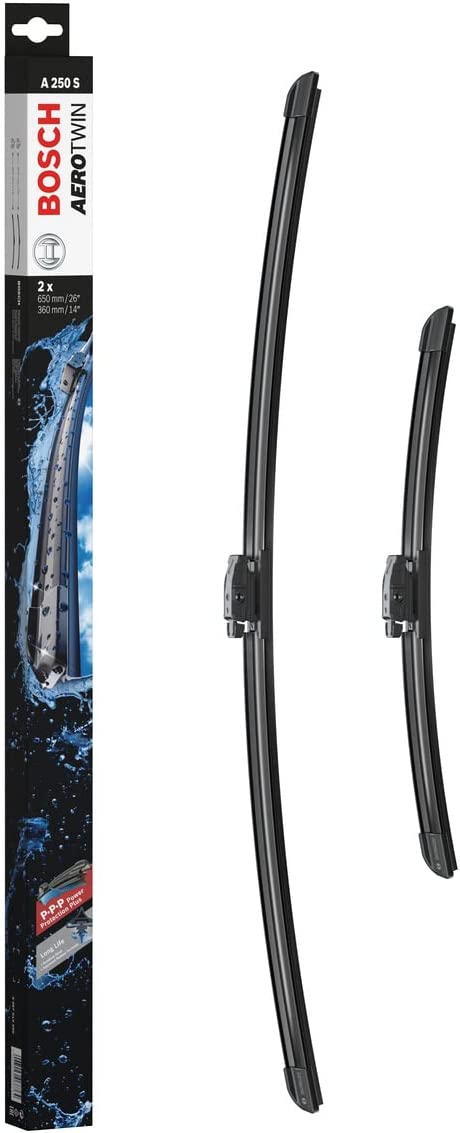 Die Packung und die Wischerblätter des Scheibenwischer-Sets Bosch A 250 S für den RENAULT Kaptur im Detail - einmal das 65cm Wischerblatt und einmal das 36cm Wischerblatt