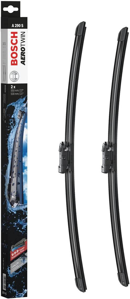 Die Packung und die Wischerblätter des Scheibenwischer-Sets Bosch A 290 S für den AUDI TTS Coupé 2. Gen im Detail - einmal das 55cm Wischerblatt und einmal das 53cm Wischerblatt
