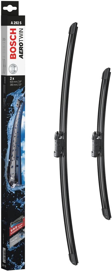 Die Packung und die Wischerblätter des Scheibenwischer-Sets Bosch A 292 S für den NISSAN Qashqai 1. Gen im Detail - einmal das 60cm Wischerblatt und einmal das 38cm Wischerblatt