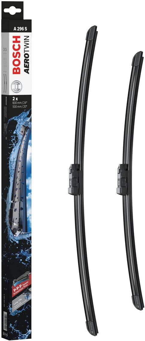 Die Packung und die Wischerblätter des Scheibenwischer-Sets Bosch A 296 S für den Ford Mustang 1. Gen im Detail - einmal das 60cm Wischerblatt und einmal das 50cm Wischerblatt Die Packung und die Wischerblätter des Scheibenwischer-Sets Bosch A 296 S für den FORD Mustang Mach-E 1. Gen im Detail - einmal das 60cm Wischerblatt und einmal das 50cm Wischerblatt