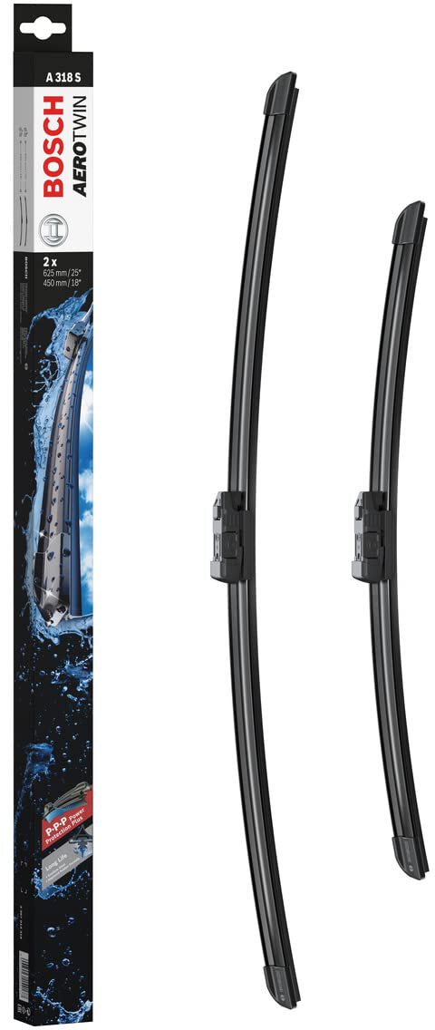 Die Packung und die Wischerblätter des Scheibenwischer-Sets Bosch A 318 S für den ALFA ROMEO Giulia 1. Gen im Detail - einmal das 62,5cm Wischerblatt und einmal das 45cm Wischerblatt