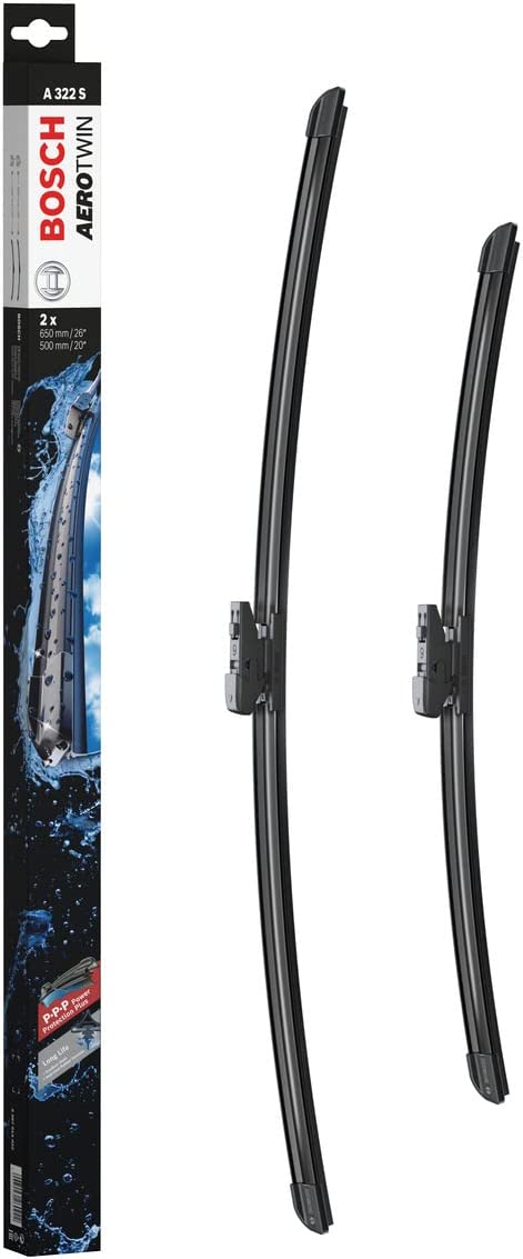 Die Packung und die Wischerblätter des Scheibenwischer-Sets Bosch A 322 S für den JAGUAR E-Pace 1. Gen im Detail - einmal das 65cm Wischerblatt und einmal das 50cm Wischerblatt