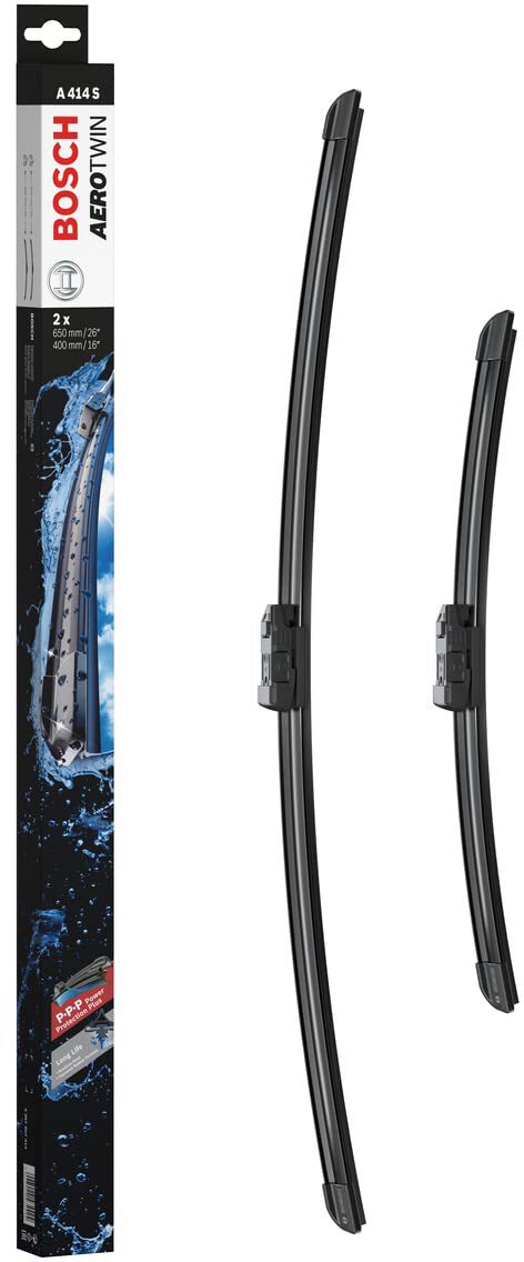 Die Packung und die Wischerblätter des Scheibenwischer-Sets Bosch A 414 S für den PEUGEOT 208 im Detail - einmal das 65cm Wischerblatt und einmal das 40cm Wischerblatt