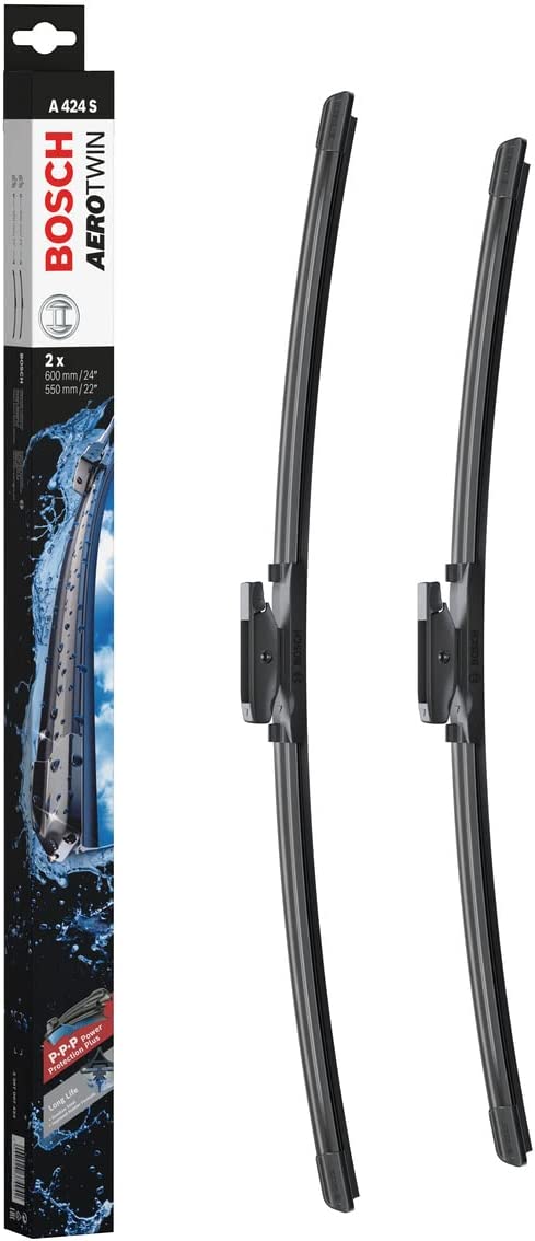 Die Packung und die Wischerblätter des Scheibenwischer-Sets Bosch A 424 S für den Saab 9-5 1. Gen im Detail - einmal das 60cm Wischerblatt und einmal das 55cm Wischerblatt Die Packung und die Wischerblätter des Scheibenwischer-Sets Bosch A 424 S für den SAAB 9-5 1. Gen im Detail - einmal das 60cm Wischerblatt und einmal das 55cm Wischerblatt