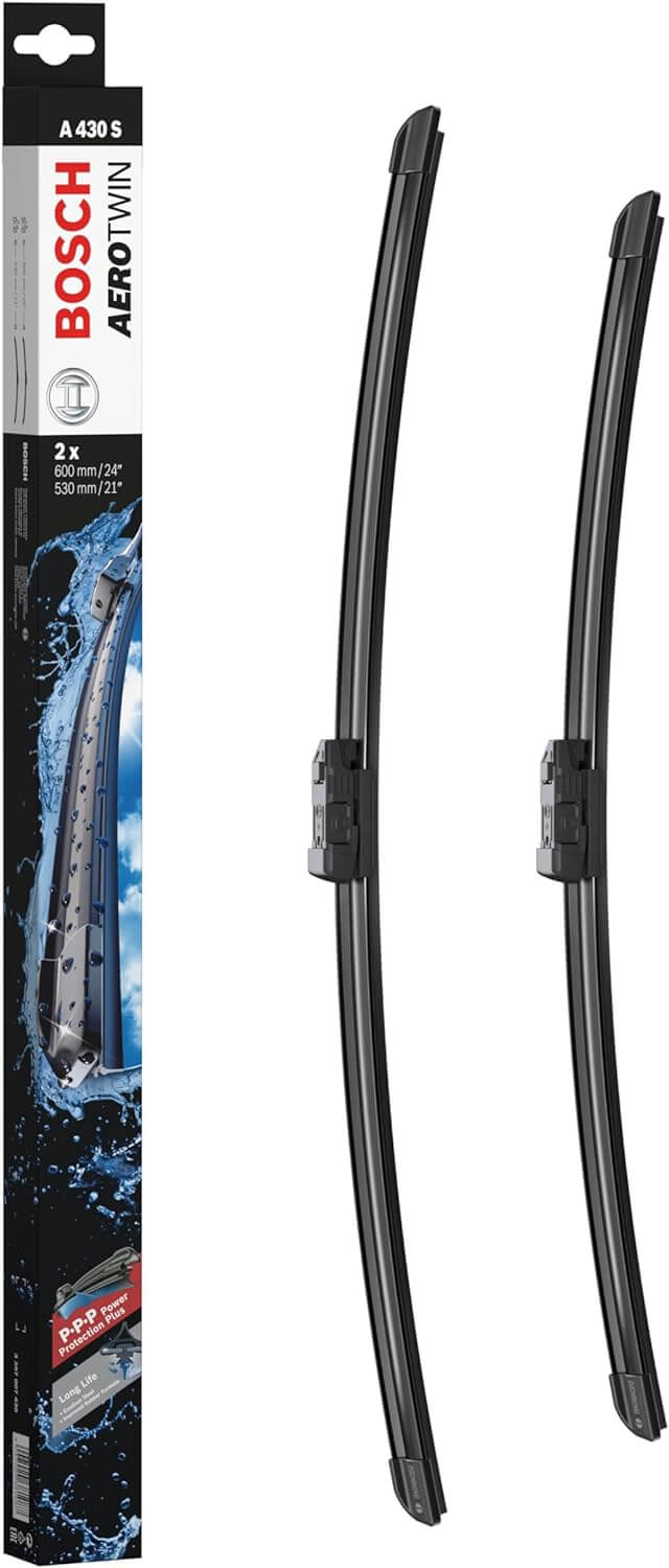 Die Packung und die Wischerblätter des Scheibenwischer-Sets Bosch A 430 S für den VW (Volkswagen) Tiguan im Detail - einmal das 60cm Wischerblatt und einmal das 53cm Wischerblatt Die Packung und die Wischerblätter des Scheibenwischer-Sets Bosch A 430 S für den VW (VOLKSWAGEN) Tiguan im Detail - einmal das 60cm Wischerblatt und einmal das 53cm Wischerblatt
