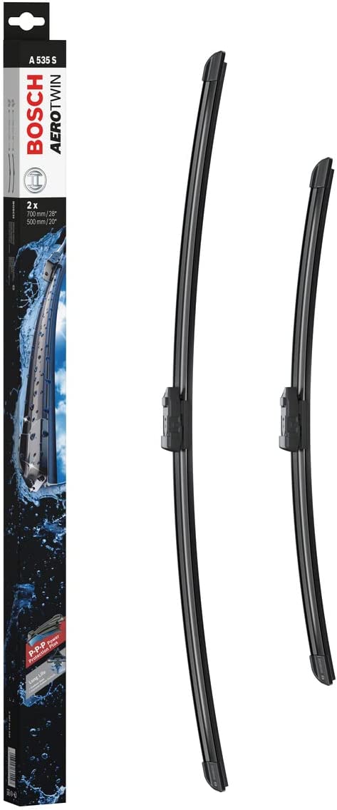 Die Packung und die Wischerblätter des Scheibenwischer-Sets Bosch A 535 S für den AUDI SQ7 2. Gen im Detail - einmal das 70cm Wischerblatt und einmal das 50cm Wischerblatt