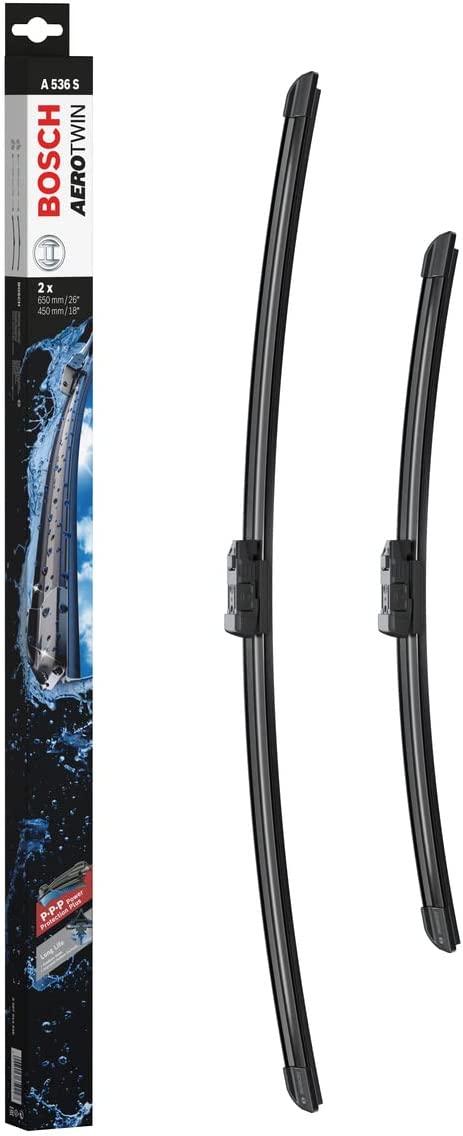 Die Packung und die Wischerblätter des Scheibenwischer-Sets Bosch A 536 S für den PEUGEOT 508 2. Gen im Detail - einmal das 65cm Wischerblatt und einmal das 45cm Wischerblatt