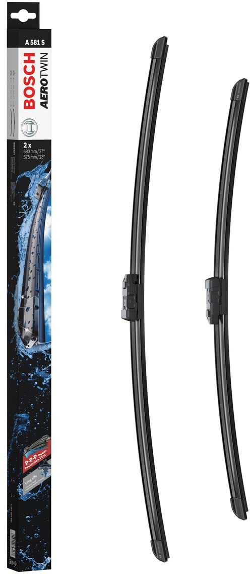 Die Packung und die Wischerblätter des Scheibenwischer-Sets Bosch A 581 S für den Opel Meriva 2. Gen im Detail - einmal das 68cm Wischerblatt und einmal das 57,5cm Wischerblatt Die Packung und die Wischerblätter des Scheibenwischer-Sets Bosch A 581 S für den OPEL Meriva 2. Gen im Detail - einmal das 68cm Wischerblatt und einmal das 57,5cm Wischerblatt