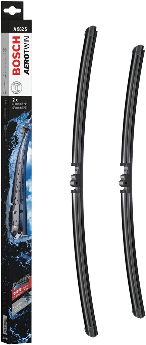 Die Packung und die Wischerblätter des Scheibenwischer-Sets Bosch A 582 S für den VW (Volkswagen) Phaeton im Detail - einmal das 60cm Wischerblatt und einmal das 53cm Wischerblatt Die Packung und die Wischerblätter des Scheibenwischer-Sets Bosch A 582 S für den VW (VOLKSWAGEN) Phaeton im Detail - einmal das 60cm Wischerblatt und einmal das 53cm Wischerblatt