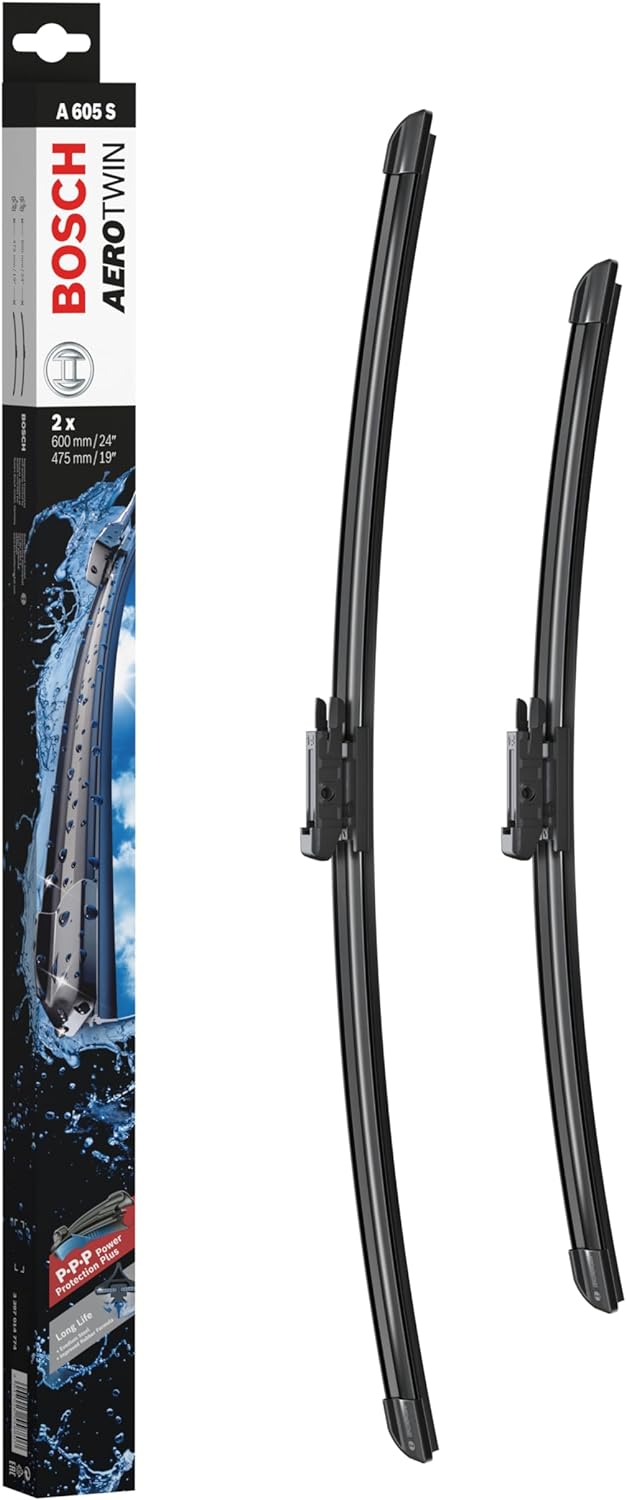 Die Packung und die Wischerblätter des Scheibenwischer-Sets Bosch A 605 S für den BMW i4 Gran Coupé 1. Gen im Detail - einmal das 60cm Wischerblatt und einmal das 47,5cm Wischerblatt