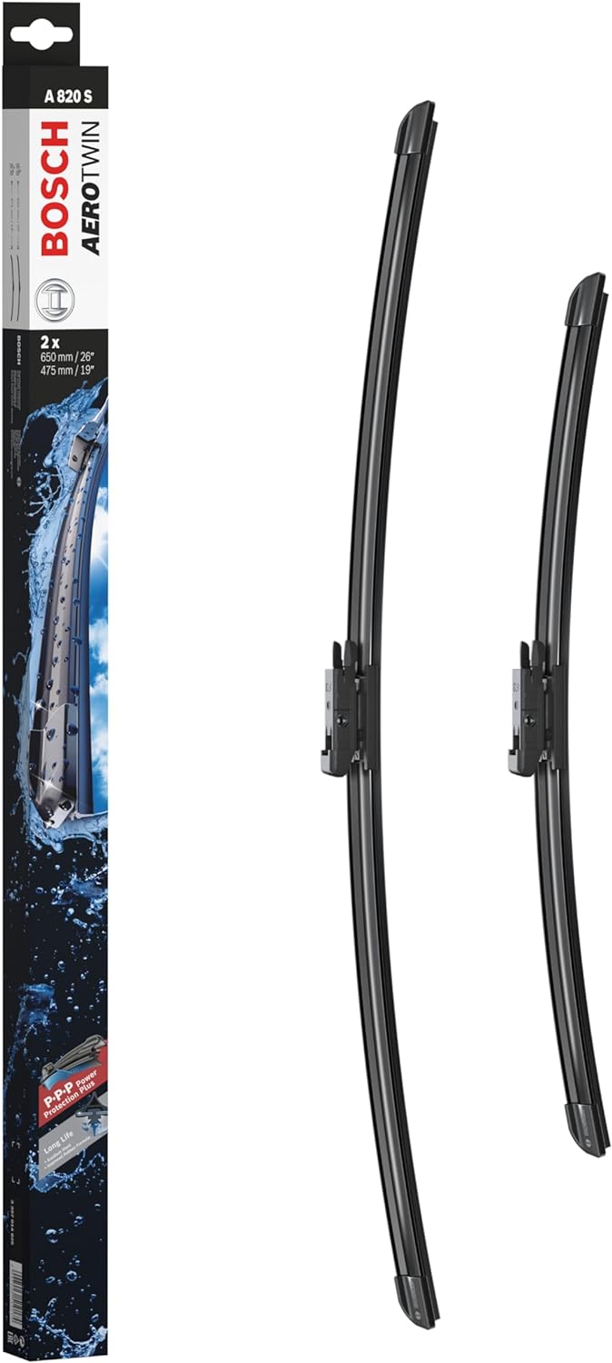 Die Packung und die Wischerblätter des Scheibenwischer-Sets Bosch A 820 S für den MERCEDES-BENZ B-Klasse im Detail - einmal das 65cm Wischerblatt und einmal das 47,5cm Wischerblatt