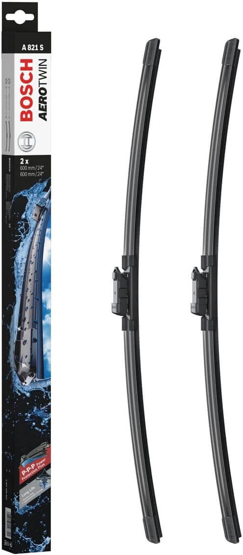 Die Packung und die Wischerblätter des Scheibenwischer-Sets Bosch A 821 S für den VW (VOLKSWAGEN) Multivan 5. Gen im Detail - zweimal das 60cm Wischerblatt
