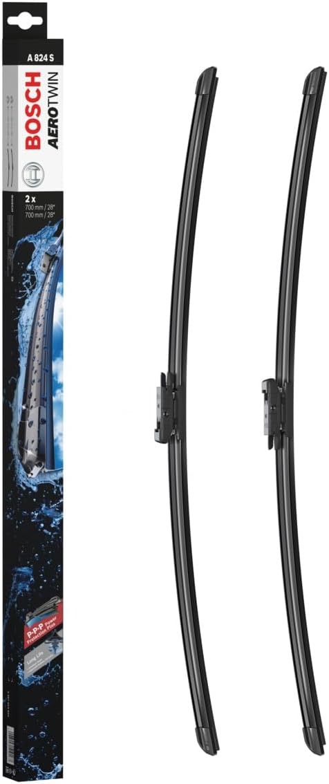 Die Packung und die Wischerblätter des Scheibenwischer-Sets Bosch A 824 S für den FORD Kuga 2. Gen im Detail - zweimal das 70cm Wischerblatt