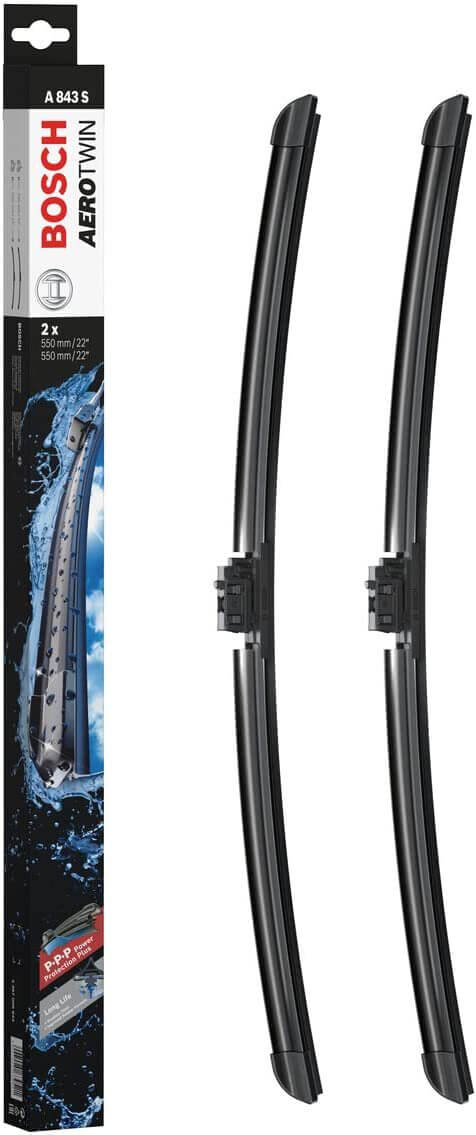 Die Packung und die Wischerblätter des Scheibenwischer-Sets Bosch A 843 S für den Mercedes-Benz EQC-Klasse im Detail - zweimal das 55cm Wischerblatt Die Packung und die Wischerblätter des Scheibenwischer-Sets Bosch A 843 S für den MERCEDES-BENZ EQC-Klasse im Detail - zweimal das 55cm Wischerblatt