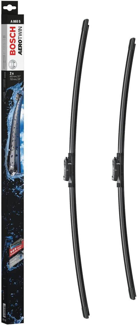 Die Packung und die Wischerblätter des Scheibenwischer-Sets Bosch A 865 S für den CITROEN C4 Spacetourer 2. Gen im Detail - einmal das 80cm Wischerblatt und einmal das 70cm Wischerblatt