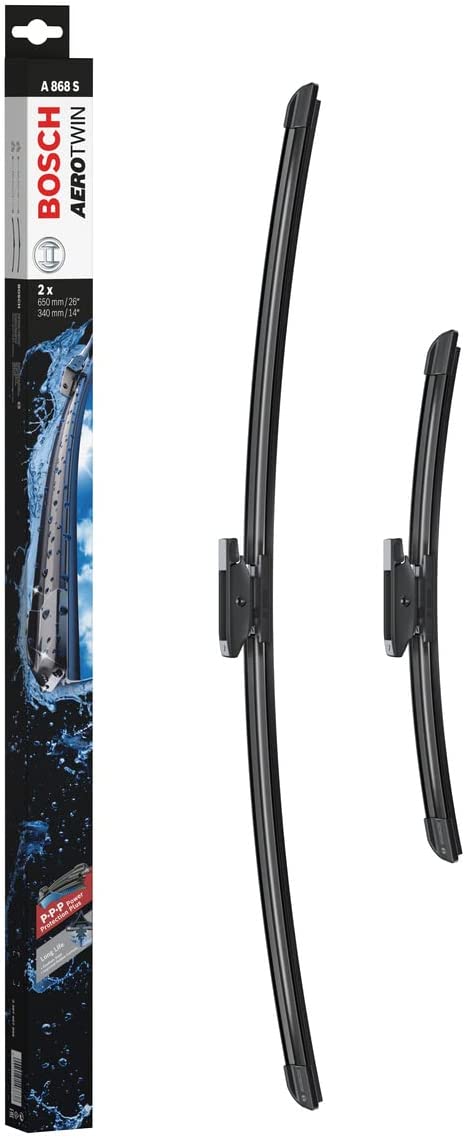 Die Packung und die Wischerblätter des Scheibenwischer-Sets Bosch A 868 S für den RENAULT Clio 4. Gen im Detail - einmal das 65cm Wischerblatt und einmal das 34cm Wischerblatt