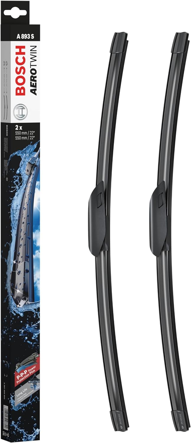 Die Packung und die Wischerblätter des Scheibenwischer-Sets Bosch A 893 S für den MERCEDES-BENZ C-Klasse im Detail - zweimal das 55cm Wischerblatt