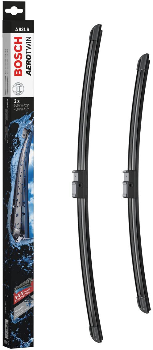 Die Packung und die Wischerblätter des Scheibenwischer-Sets Bosch A 931 S für den MERCEDES-BENZ GLK-Klasse im Detail - einmal das 55cm Wischerblatt und einmal das 45cm Wischerblatt