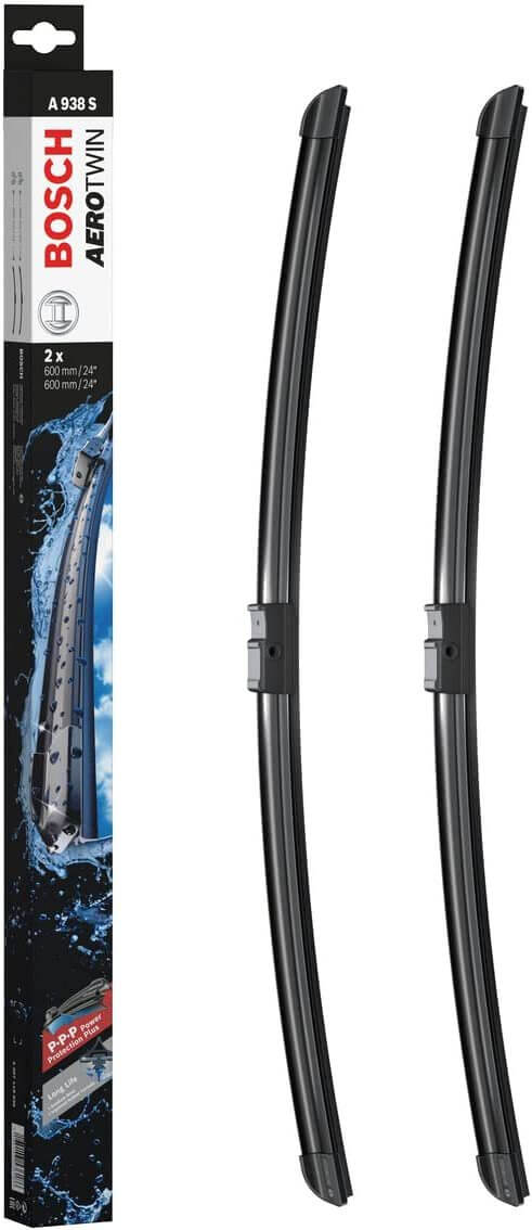 Die Packung und die Wischerblätter des Scheibenwischer-Sets Bosch A 938 S für den Mercedes-Benz E-Klasse im Detail - zweimal das 60cm Wischerblatt Die Packung und die Wischerblätter des Scheibenwischer-Sets Bosch A 938 S für den MERCEDES-BENZ E-Klasse (T-Modell) im Detail - zweimal das 60cm Wischerblatt