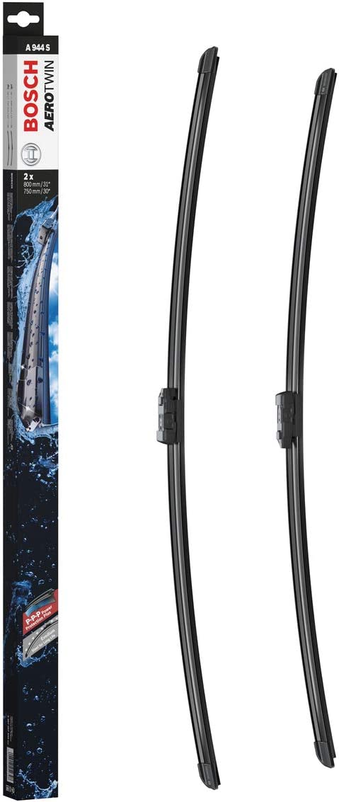 Die Packung und die Wischerblätter des Scheibenwischer-Sets Bosch A 944 S für den CITROEN Grand C4 Picasso 2. Gen im Detail - einmal das 80cm Wischerblatt und einmal das 75cm Wischerblatt