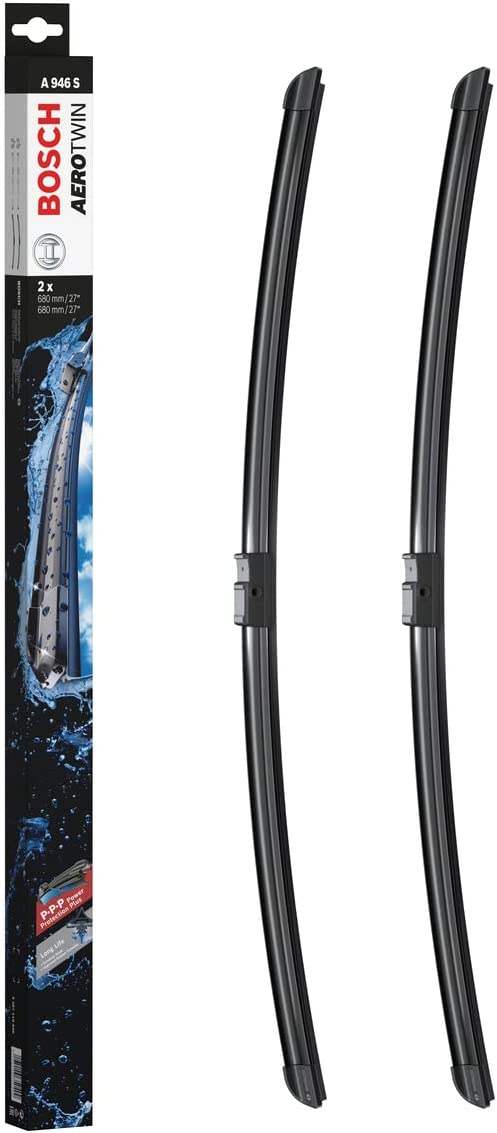 Die Packung und die Wischerblätter des Scheibenwischer-Sets Bosch A 946 S für den MERCEDES-BENZ S-Klasse im Detail - zweimal das 68cm Wischerblatt