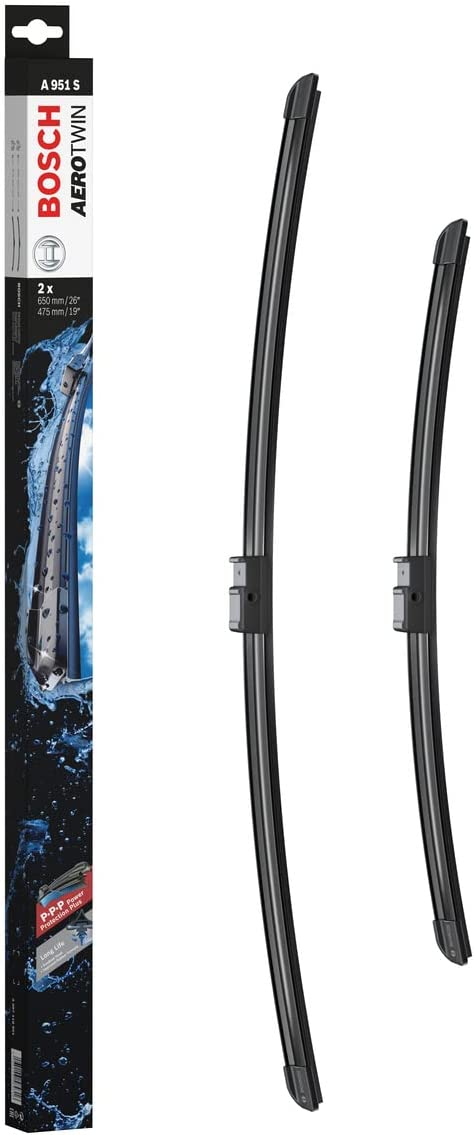Die Packung und die Wischerblätter des Scheibenwischer-Sets Bosch A 951 S für den FORD Focus C-MAX 1. Gen im Detail - einmal das 65cm Wischerblatt und einmal das 47,5cm Wischerblatt