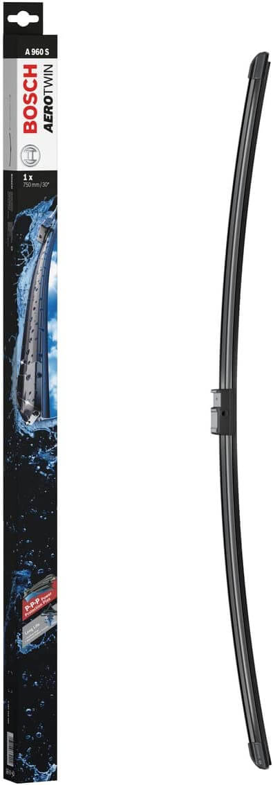 Die Packung und die Wischerblätter des Scheibenwischer-Sets Bosch A 960 S für den AUDI A2 1. Gen im Detail - einmal das 75cm Wischerblatt