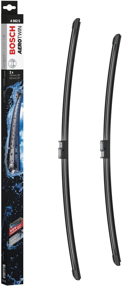 Die Packung und die Wischerblätter des Scheibenwischer-Sets Bosch A 962 S für den RENAULT Modus im Detail - einmal das 70cm Wischerblatt und einmal das 62,5cm Wischerblatt