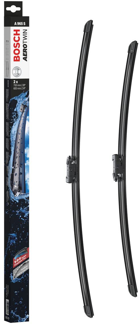 Die Packung und die Wischerblätter des Scheibenwischer-Sets Bosch A 965 S für den CITROEN C4 1. Gen im Detail - einmal das 70cm Wischerblatt und einmal das 60cm Wischerblatt