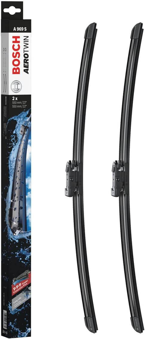 Die Packung und die Wischerblätter des Scheibenwischer-Sets Bosch A 969 S für den Mercedes-Benz C-Klasse im Detail - zweimal das 55cm Wischerblatt Die Packung und die Wischerblätter des Scheibenwischer-Sets Bosch A 969 S für den MERCEDES-BENZ C-Klasse im Detail - zweimal das 55cm Wischerblatt