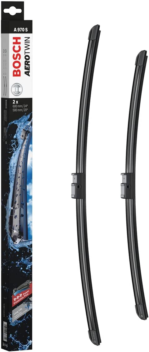 Die Packung und die Wischerblätter des Scheibenwischer-Sets Bosch A 970 S für den BMW X6 1. Gen im Detail - einmal das 60cm Wischerblatt und einmal das 50cm Wischerblatt